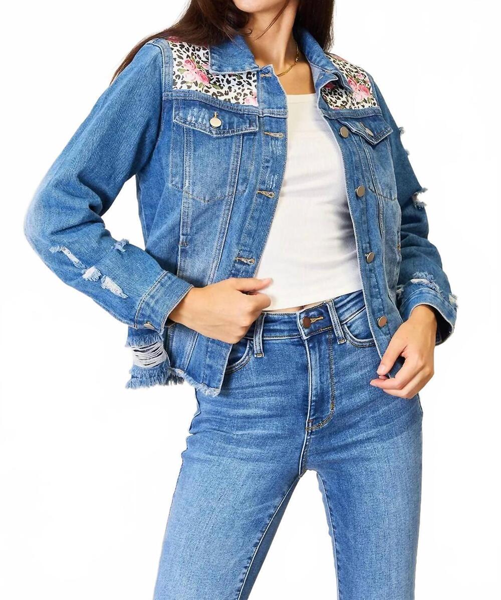 NEW BAEFUL floral distressed raw hem denim jacket in leopard